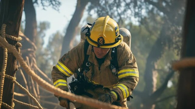 Focused firefighter navigating a challenging terrain