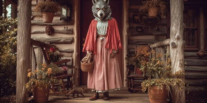 A big bad wolf dressed as grandma standing on the front porch and coming out to greet you