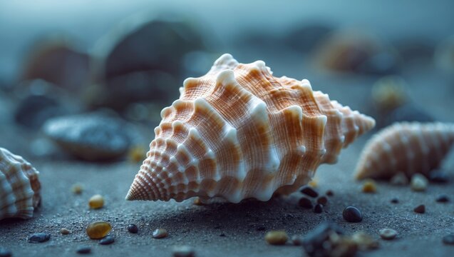 A small conch sea shell on the beach with rocks and pebbles in the background.
