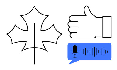 Leaf outline, thumbs up, and speech bubble with microphone icon and sound wave. Ideal for nature, approval, audio, podcast, technology, sustainability communication and a simple landing page