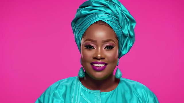 Radiant African Woman in Turquoise Headwrap Against Vibrant Pink Backdrop with Jewelry and Bright Makeup