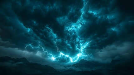 Fototapeta premium Dramatic thunderstorm over mountains. Electric blue lightning streaks across the dark, ominous sky, silhouetting the landscape below. Atmospheric weather theme for impactful visuals.