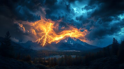 Dramatic mountain landscape with a forest under a stormy sky. Golden lightning illuminates snow-capped peaks, creating an awe-inspiring weather theme of nature's power and beauty.