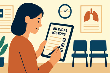 Flat Vector of Woman Filling Medical History Form on Tablet in Clinic Waiting Room – Healthcare and Digital Patient Registration Illustration
