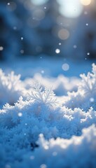 Ethereal Winter Landscape Glistening Ice Crystals Falling on a Frosted Field, Creating a Magical Blizzard Scene