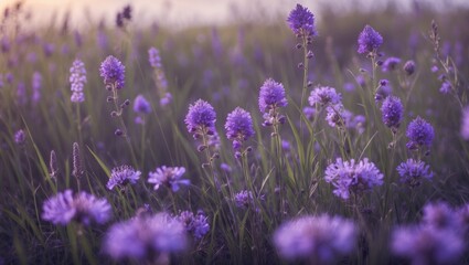 Naklejka premium Beautiful Purple Wildflower blooming in tall grass of meadow during summer morning scenery
