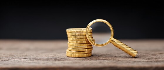 Investment insights magnifying glass over stacked coins business context indoor setting close-up view financial analysis