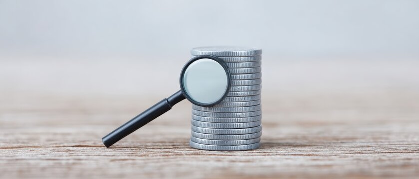 Analyzing financial growth through coin stacks and magnifying glass office still life neutral background close-up perspective