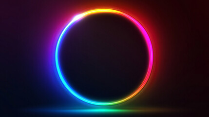 Obraz premium Vibrant neon glow circle on dark abstract background with dynamic light effects. Futuristic and energetic design ideal for digital art, technology themes, and modern graphic projects. Caption space on