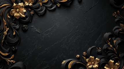 Opulent textured black background with golden floral embellishments design
