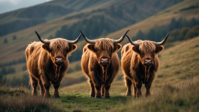 A trio of Highland cows seen just off a ridge at Edge.