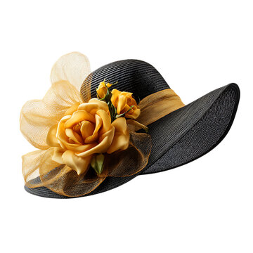 High quality photo of elegant black wide brim hat adorned with yellow roses and feathers isolated on transparent background.