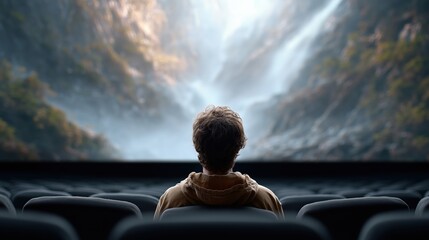 Fototapeta premium A person experiences awe in a theater, captivated by a breathtaking waterfall scene on the large screen.