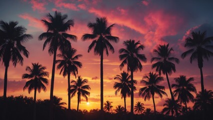 Fototapeta premium Silhouettes of palm trees at sunset with colorful cloudscape at sunset, with empty copy space for text.