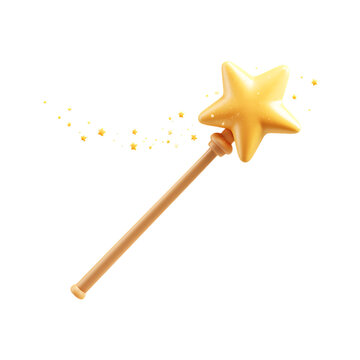 High quality photo of golden star magic wand with sparkling dust and stars isolated on transparent background.
