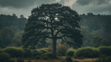 A tree stands towering against a background of forest and bushes.