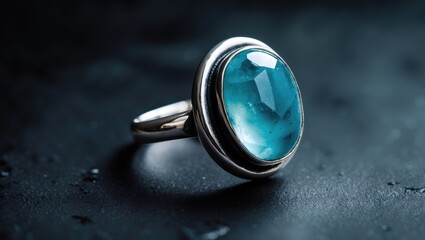 A silver ring with an aquamarine cabochon. A beautiful accessory for both genders. Top view. Resting on a dark background.