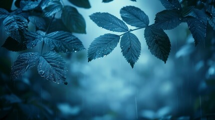 Raindrops cling to dark leaves in a moody, blurred, atmospheric, and cool-toned natural setting