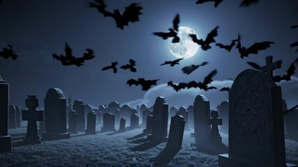 spooky scary night view of cemetery under full moon with bats flying over the graves. graveyard scene. happy halloween video backgrounds. Seamless looping animated background
