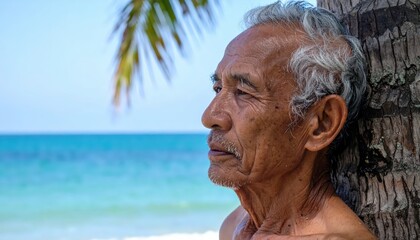 An elderly man rests against a tree while gazing at the serene beach and ocean, reflecting on life in tranquility.