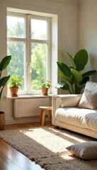 Sunlit Minimalist Living Room Peaceful Atmosphere for Meditation and Relaxation