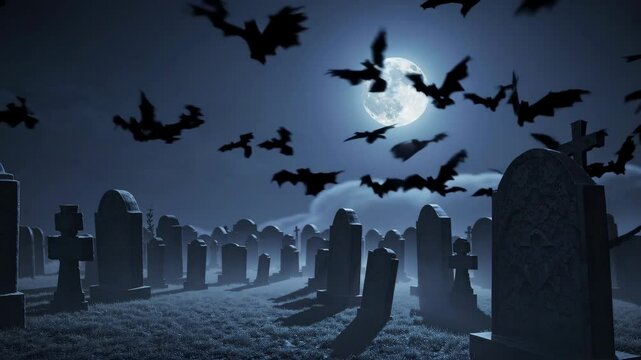 spooky scary night view of cemetery under full moon with bats flying over the graves. graveyard scene. happy halloween video backgrounds. Seamless looping animated background