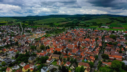 Aerial panoramic view of the city Bönnigheim in Germany on a cloudy noon in spring. 