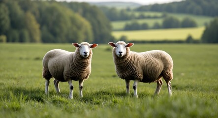 Obraz premium Pastoral Scene With Two Sheep In The Meadow