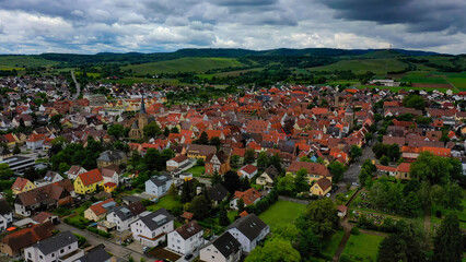 Aerial panoramic view of the city Bönnigheim in Germany on a cloudy noon in spring. 