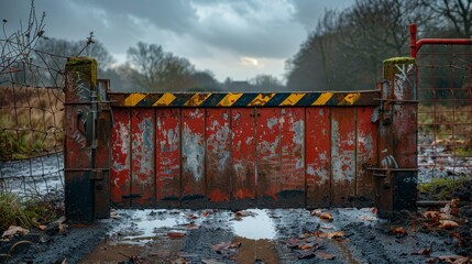 Weathered red flood barrier across muddy path, trees blur in the background under cloudy sky