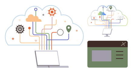 Cloud with interconnected lines linking laptop, icons for sharing, synchronization, and data connections. Ideal for networking, technology, communication, cloud solutions, data management