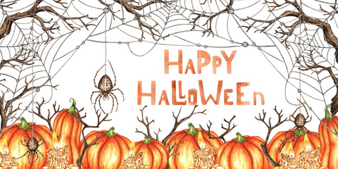 Pumpkins orange, melting candles, cobwebs, spiders and dry branches watercolor illustrations. Hand drawn on the theme of Halloween. Isolated from the background. Frame, template, framing, outline,