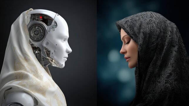 Futuristic humanoid robot with female human wea hijab side by side in high detail with realistic textures and intricate design elements