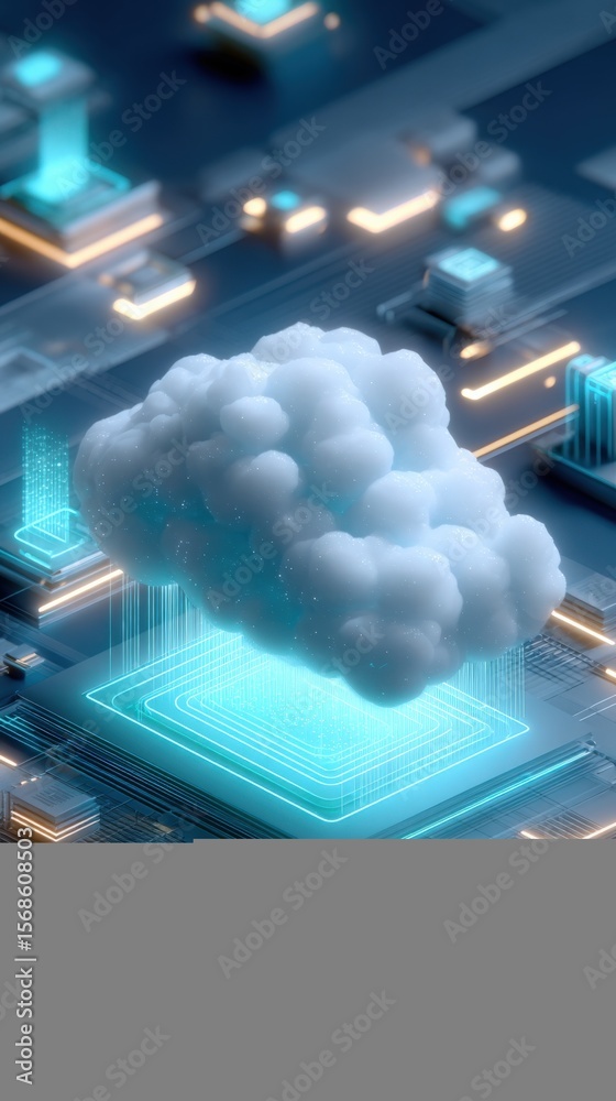 Poster Futuristic Cloud Computing Technology Concept with Cloud Data Storage and Digital Network Infrastructure in a Tech Environment