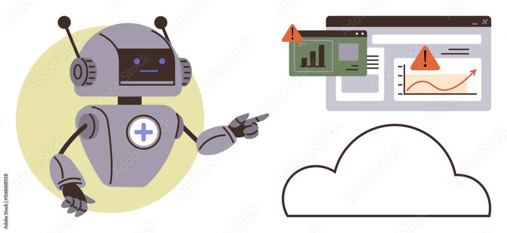 Poster robot pointing at warning notifications on analytics dashboard connected to cloud. ideal for ai, aut