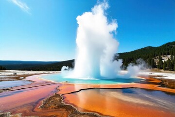 Majestic Geyser Eruption in Yellowstone National Park Vibrant Blue Sky, Steam Rising, Geothermal Wonder