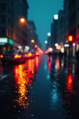 Moody Urban Nightscape Rain-Soaked City Streets Reflecting Vibrant Lights