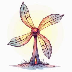 Colorful whimsical wind turbine with leaf-like blades on grass  