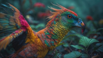 Fototapeta premium Colorful forest bird with vibrant feathers and a distinctive beak in lush green surroundings.