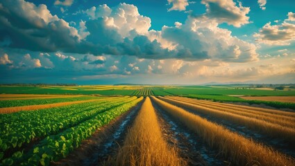 Obraz premium Agricultural landscape under the clouds with fields of crops and a dramatic sky. Rural farming scene, vibrant colors, and cultivated land with a cloudy sky overhead.