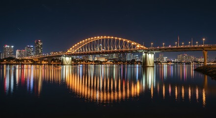 Bridge with city lights at blue hour
