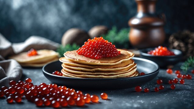 Traditional Russian Pancakes with Red Caviar, Selective Focus, with Empty Copy Space for Text