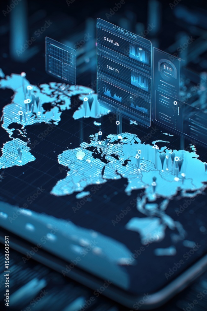 Poster Futuristic Digital World Map with Global Data Analytics and Holographic Interface Showing Charts and Network Connections