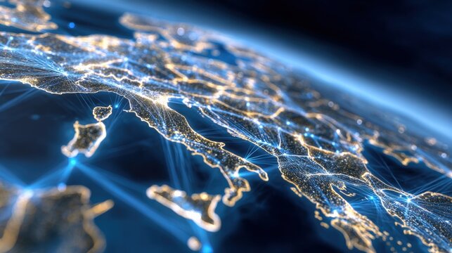 Detailed illuminated satellite map of Europe and surrounding regions showing electrical grid connections at night with glowing city lights and digital network lines