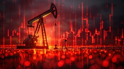 Oil rig pumping against a red stock graph background, bokeh-lit foreground