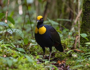 Cinematic wildlife photo of a male Anoa standing in dense undergrowth, piercing gaze toward camera, mossy and damp forest floor