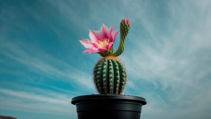 The Blue Sky, The Flower Of A Beautiful Cactus In A Black Plastic Pot. With Empty Copy Space For Text