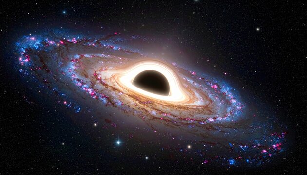 Supermassive Black Hole in Spiral Galaxy with Glowing Accretion Disk - Powered by Adobe