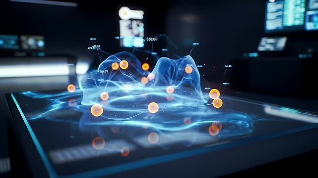 Futuristic Blue Data Visualization with Orange Spheres on Reflective Table in a Dark Room Optimized for Adobe Stock
