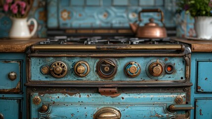 Vintage blue stove with brass knobs, rustic and worn, with flowers and a teapot in the background